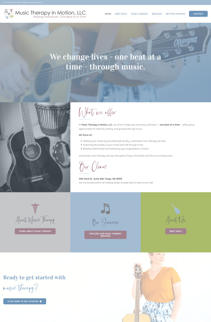 Screenshot of the homepage of Music Therapy in Motion's website.