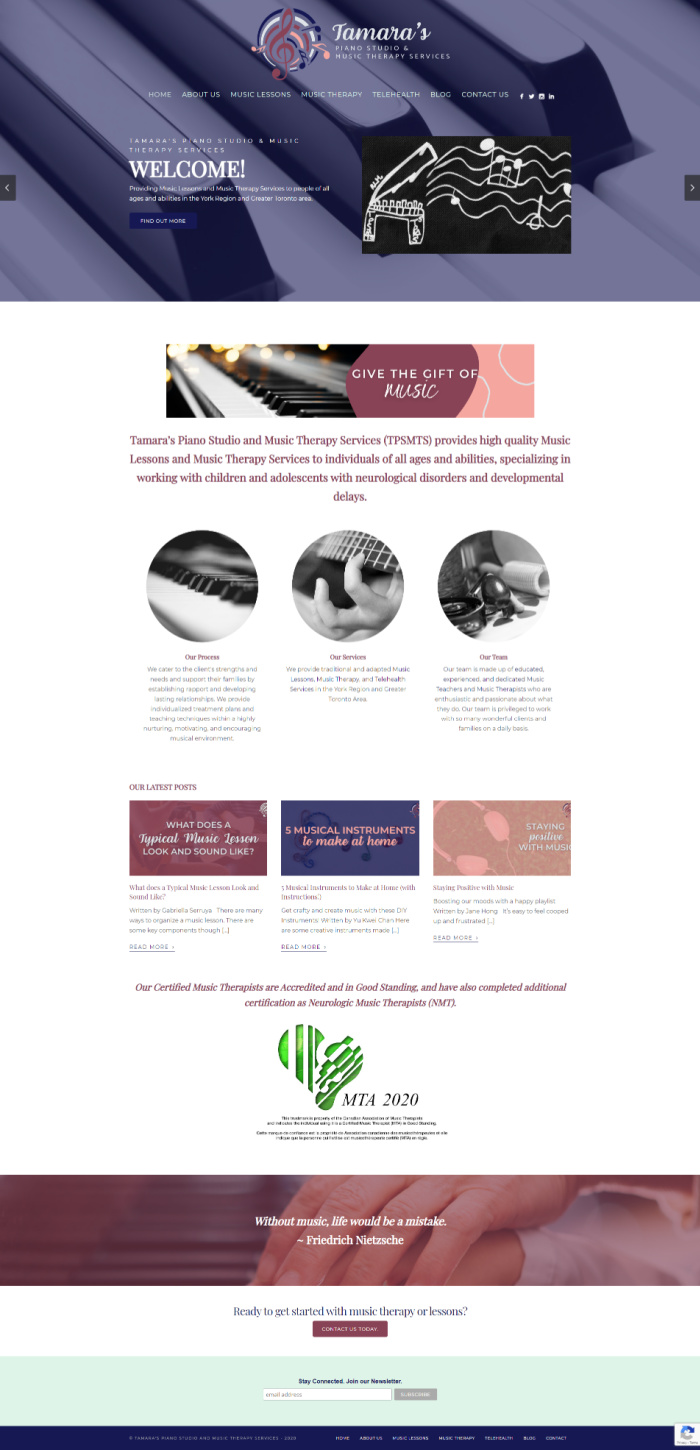 Screenshot of Tamara's Piano Studio & Music Therapy Services' (TPSMTS) Website
