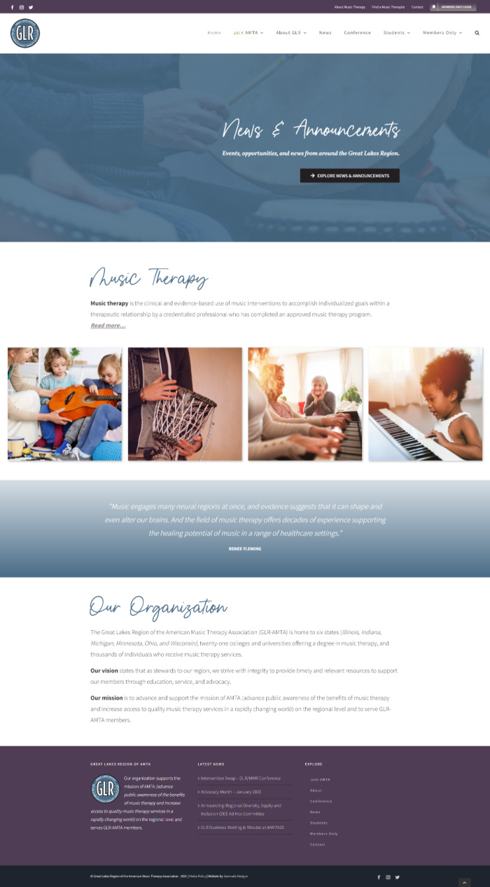 Screenshot of the homepage of the Great Lakes Region of the American Music Therapy Association website.