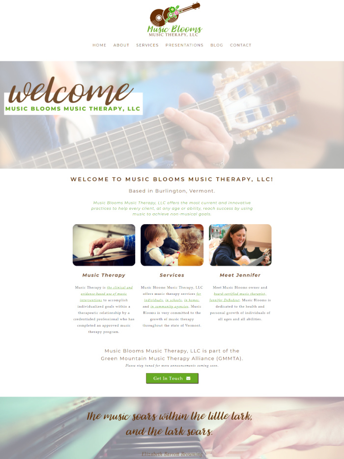 Screenshot of Music Blooms Music Therapy's website + homepage.